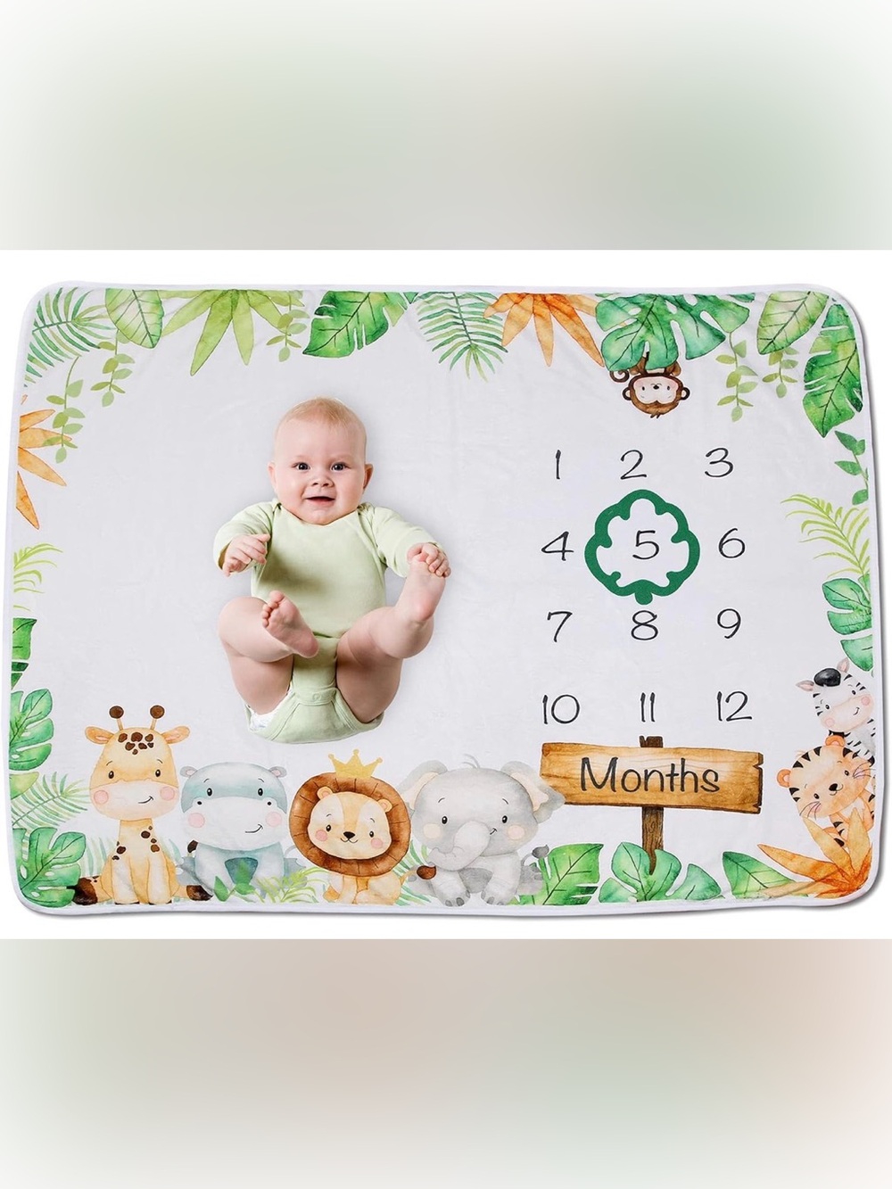 Baby Milestone Monthly Blanket with Jungle Baby Animal Design
